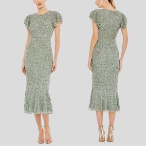 Mac Duggal Sage Green Beaded Midi Dress